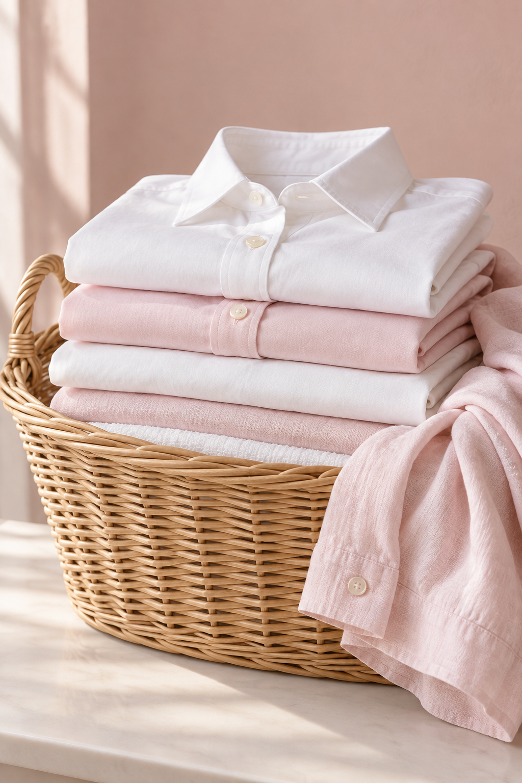 Freshly pressed white and blush linen folded in a wicker basket
